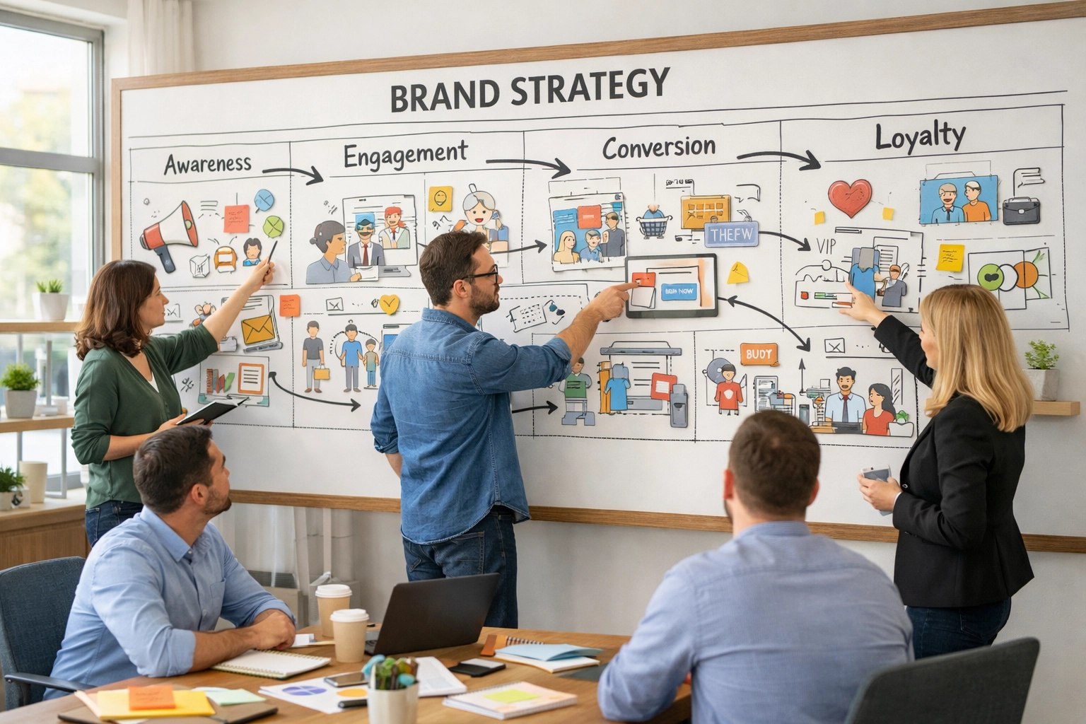 Marketing team collaborating on integrated Super Bowl campaign storytelling strategy