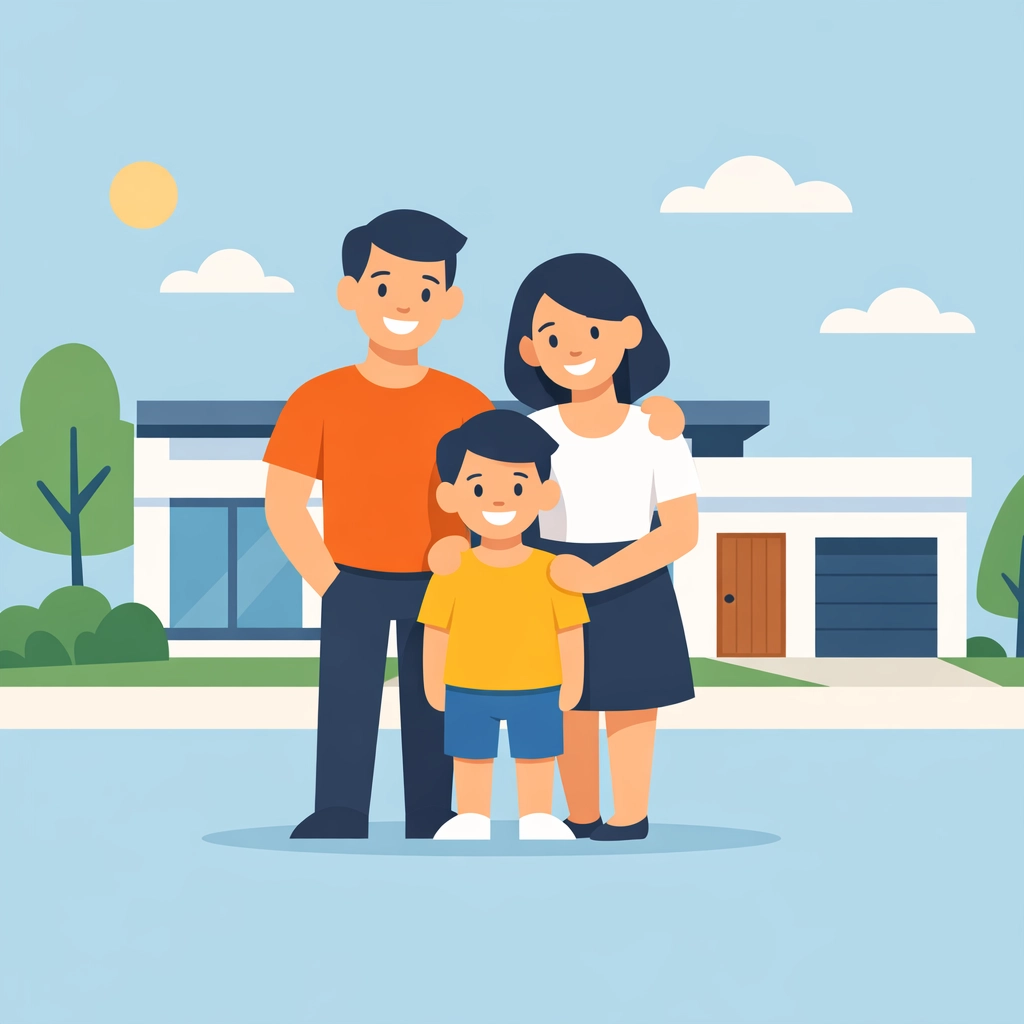 Familia latina frente a su nueva casa lograda mediante una reparación de crédito efectiva en USA.