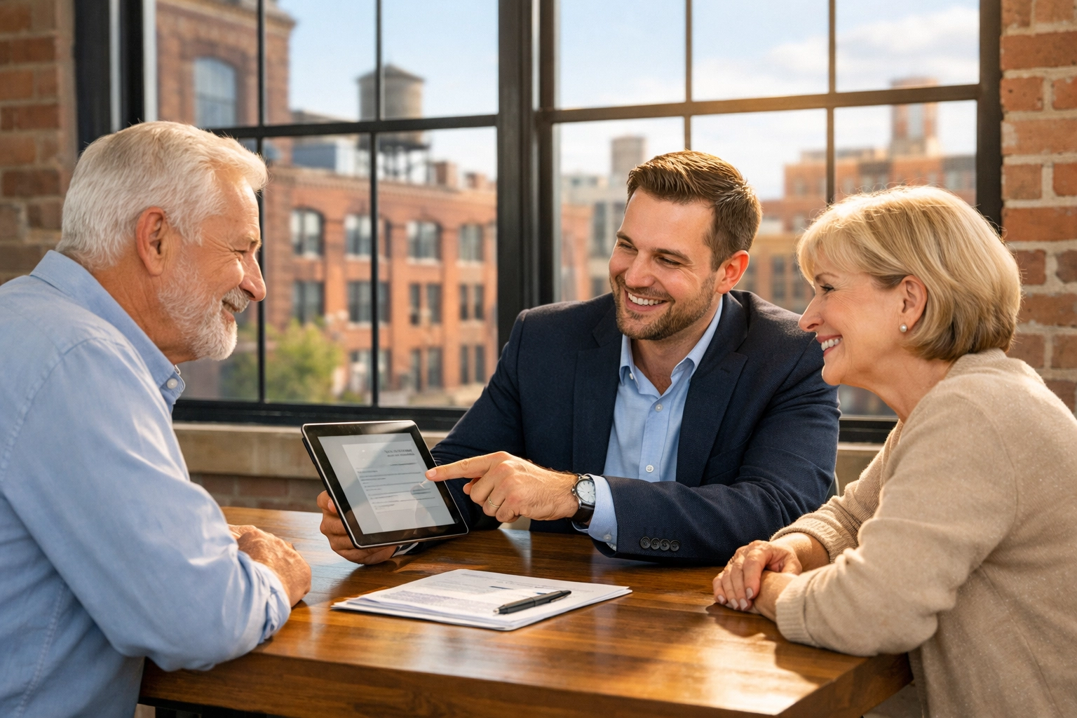 Local Medicare agent in a Minneapolis office providing a free insurance consultation to an older couple.