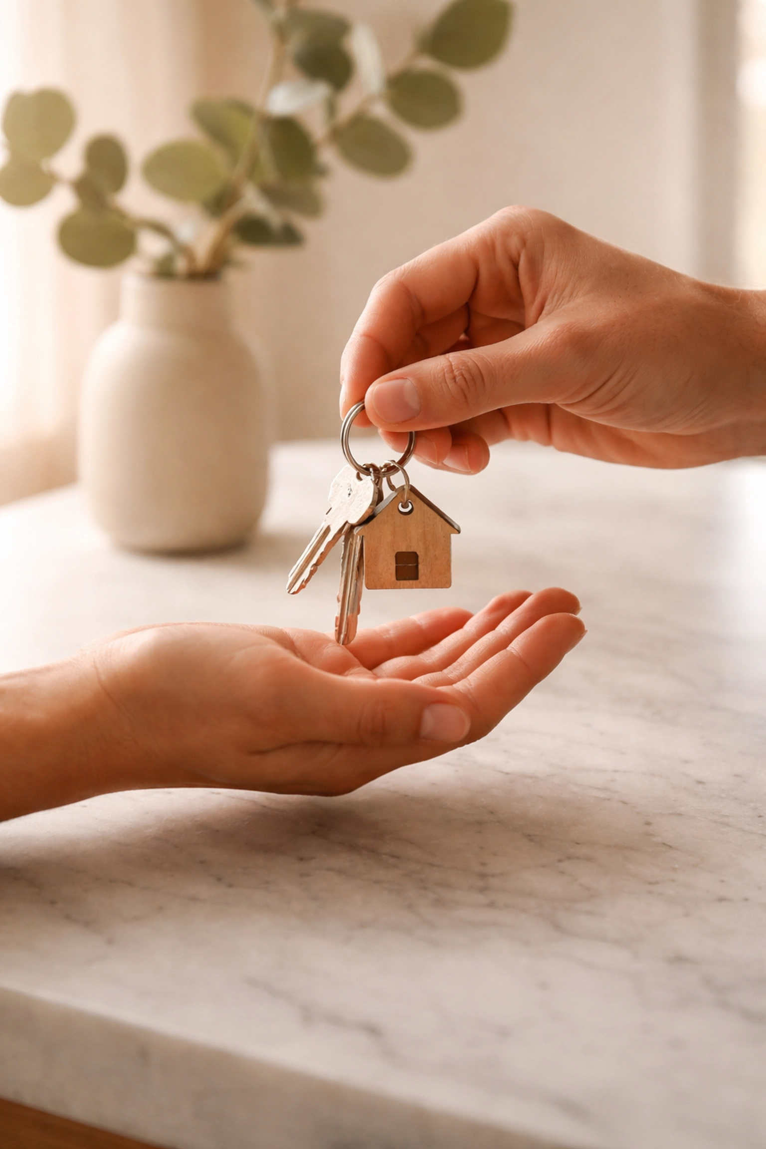 Hands exchanging house keys on completion day, showcasing successful property transactions.