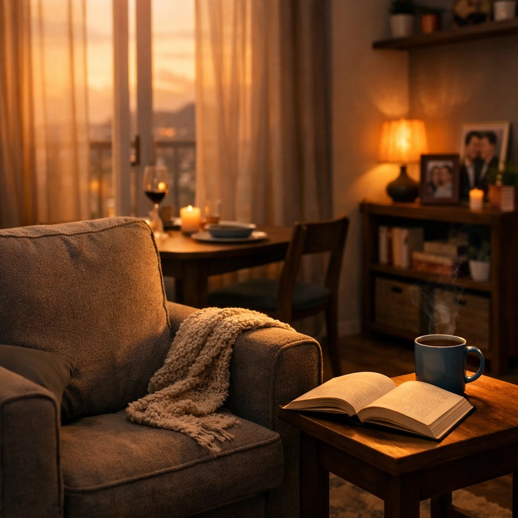 Peaceful living room symbolizing gay man's solitude before finding companionship