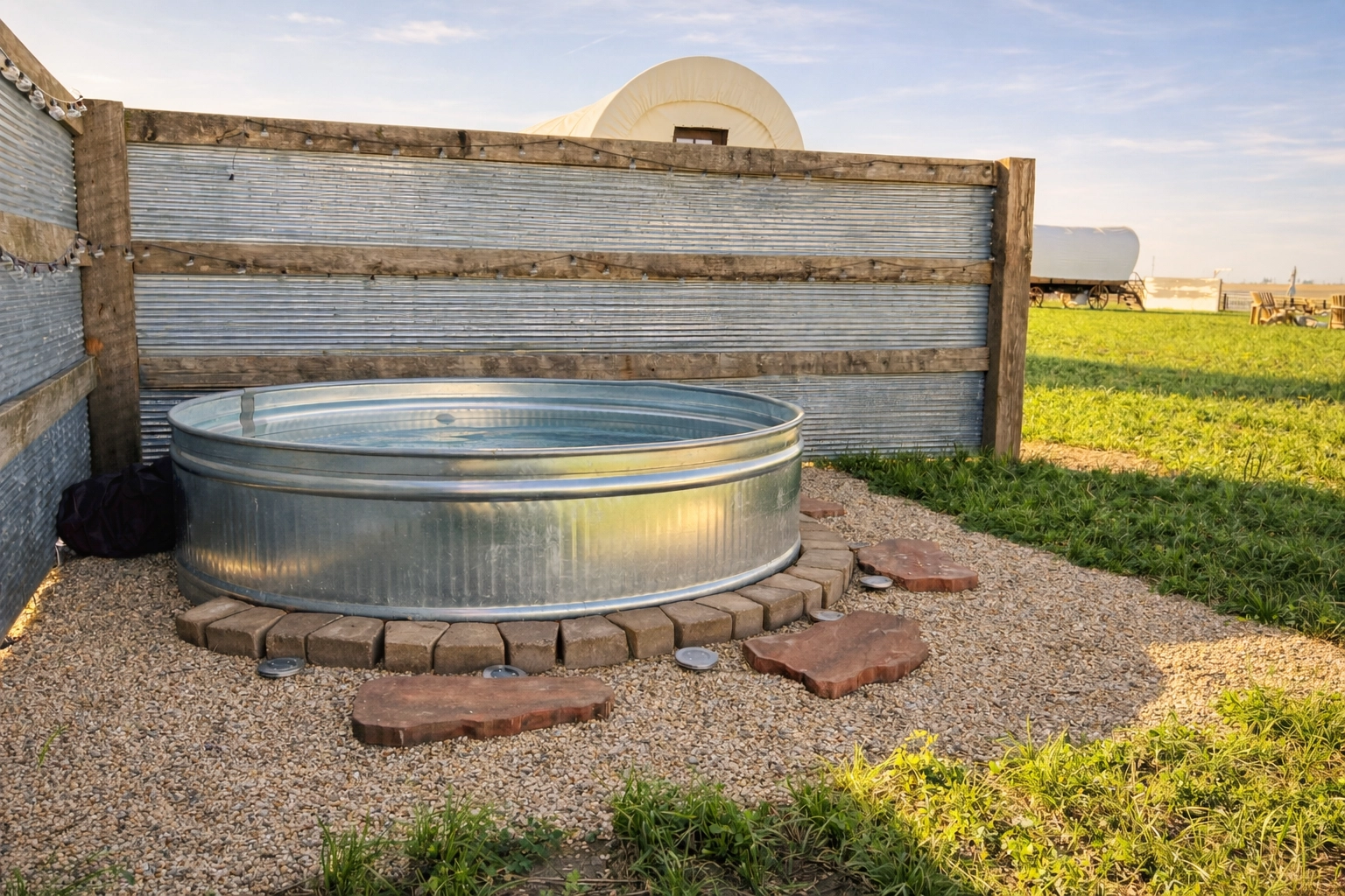 Cowboy stock tank pool/tank beside our wagons (real photo from Sunset Hills)