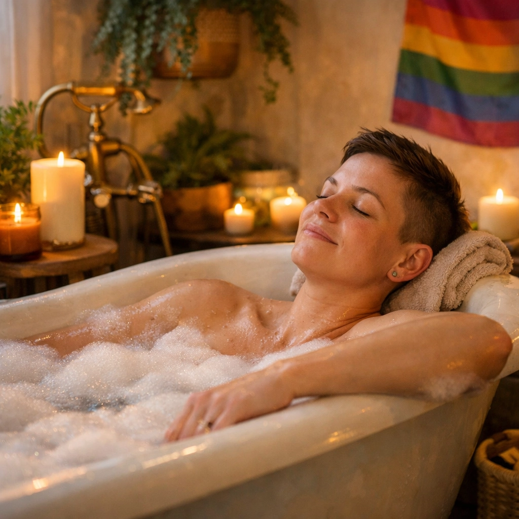 LGBTQ+ person practicing self-care in relaxing bath with candles after drag performance
