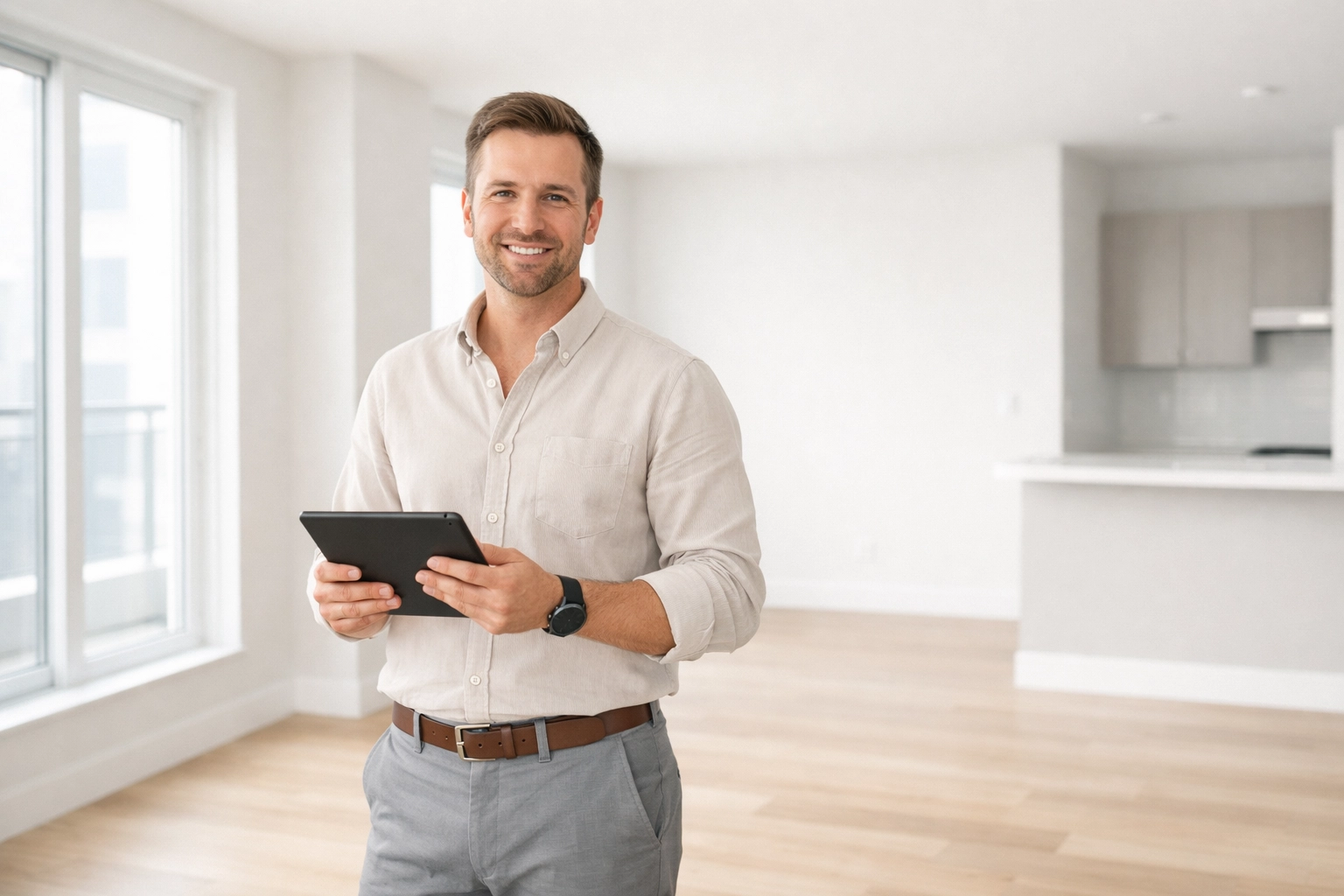 Property manager reviewing tablet in freshly cleaned vacant apartment unit during make-ready process