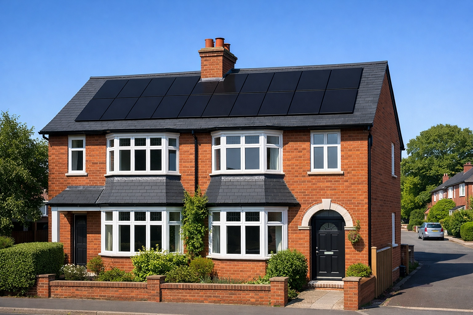 High-quality black solar panels installed on the slate roof of a traditional UK semi-detached house.