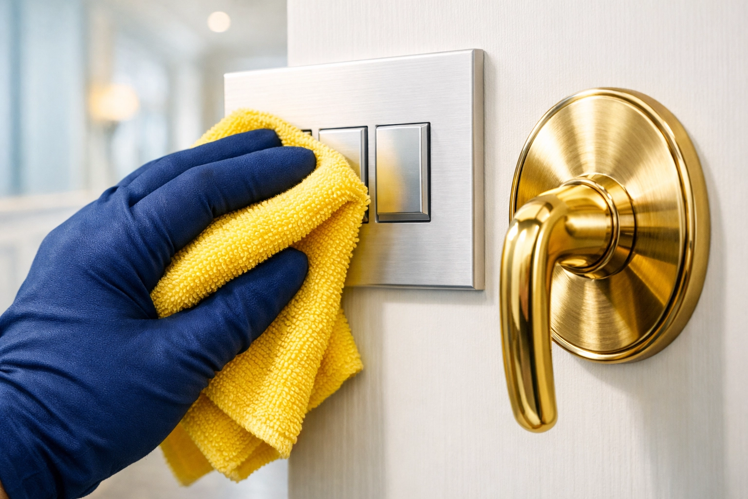 Professional cleaner disinfecting a light switch as part of weekly house cleaning in Duxbury.