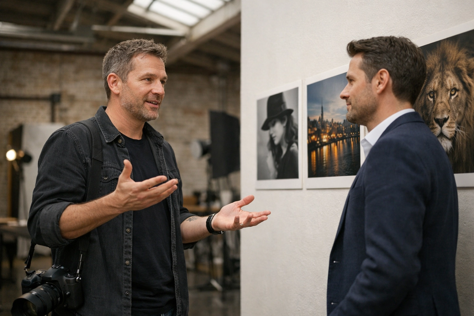 Professional photographer and client collaborating on high-end prints for specialized jobs for photographers.