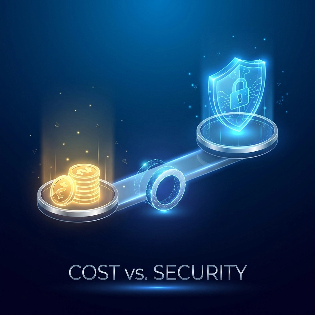 Balance scale compares cost savings and security value between full-time CISO and vCISO models