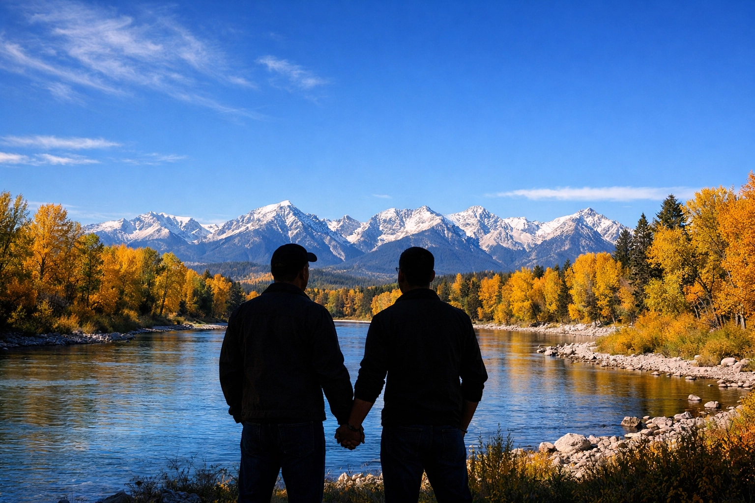 Two men holding hands by Bow River with Rocky Mountains at sunset in Calgary
