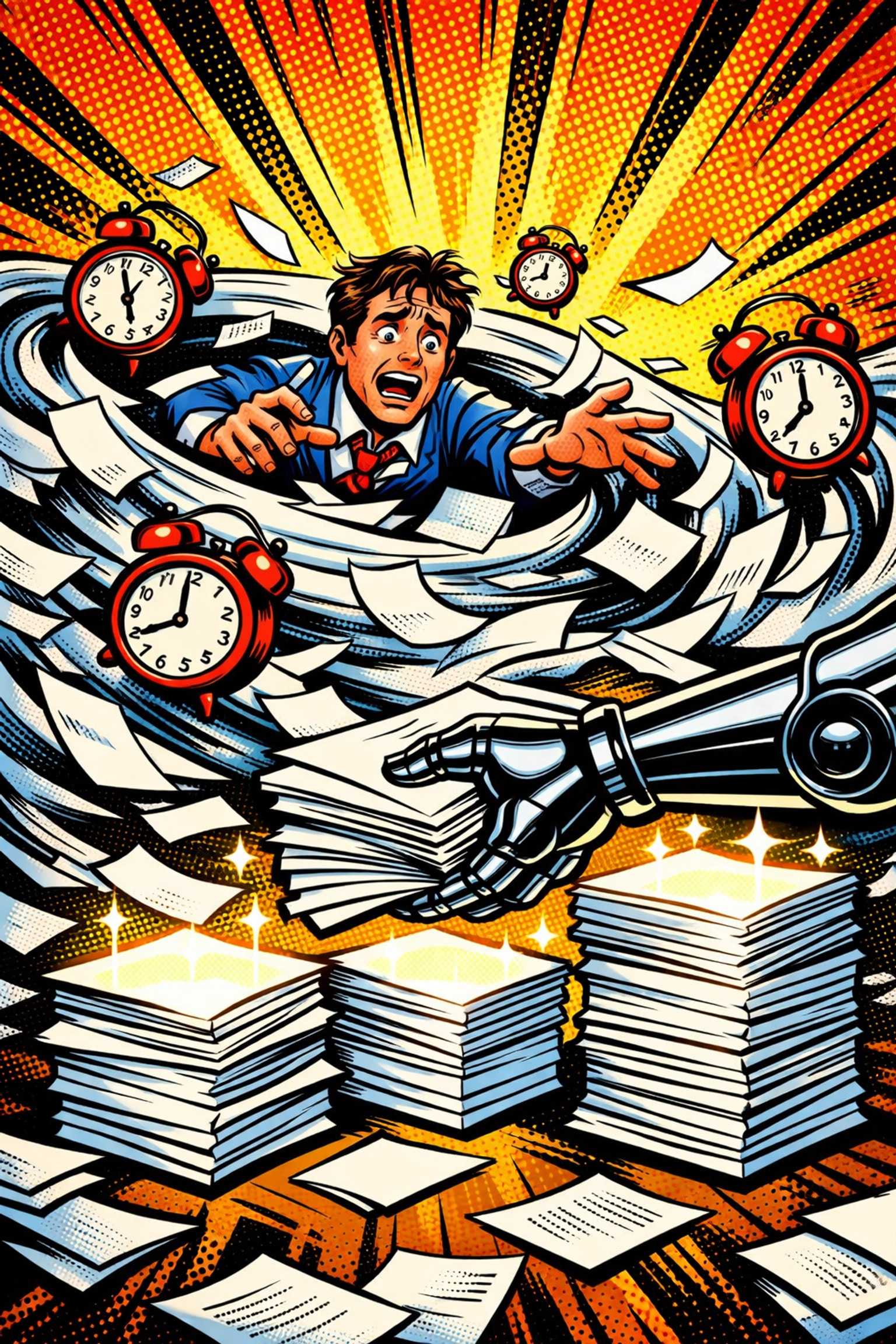 A robot arm organizing messy paperwork to illustrate workflow automation for small business efficiency.