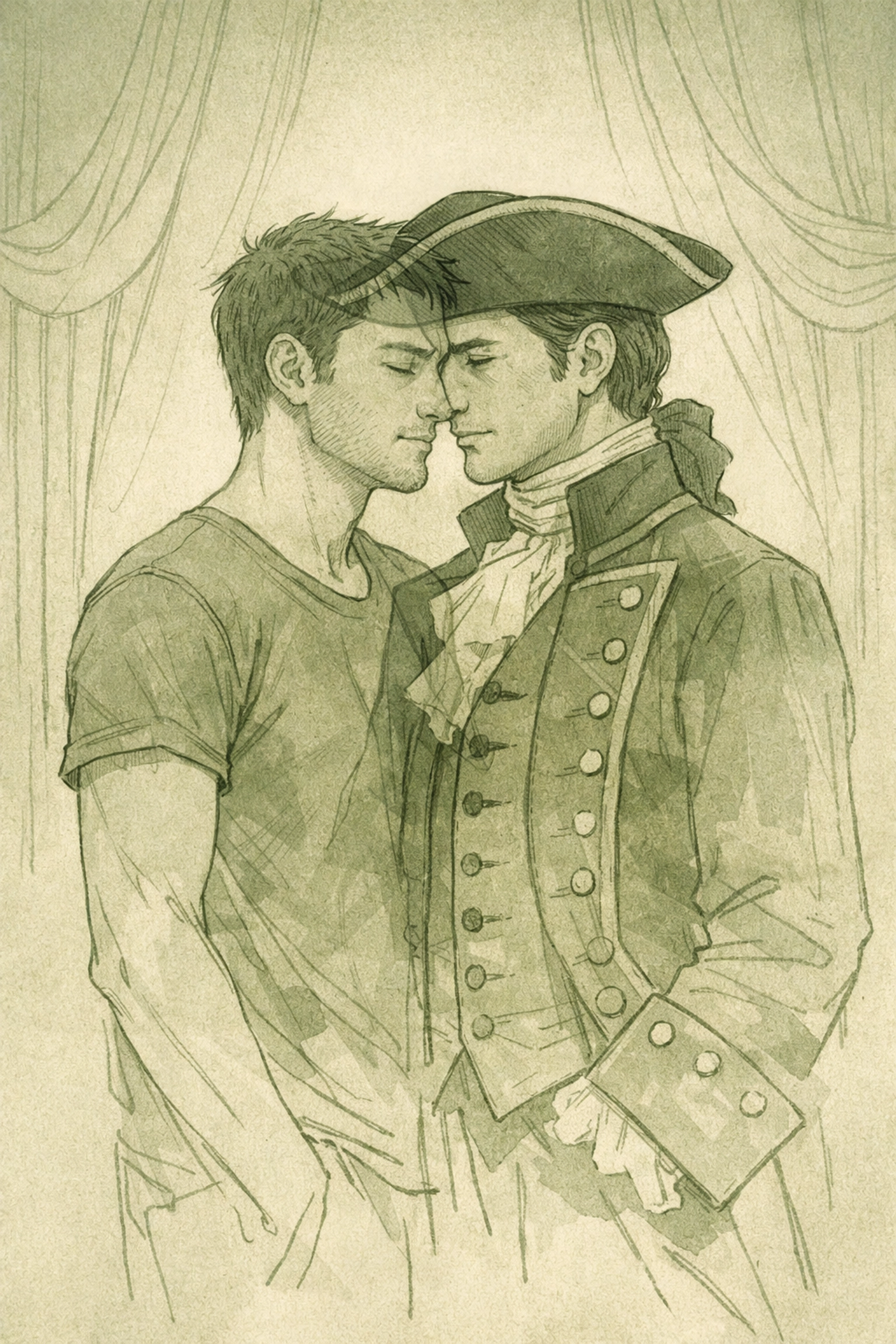 Male actor and character identities merging in literary MM romance illustration