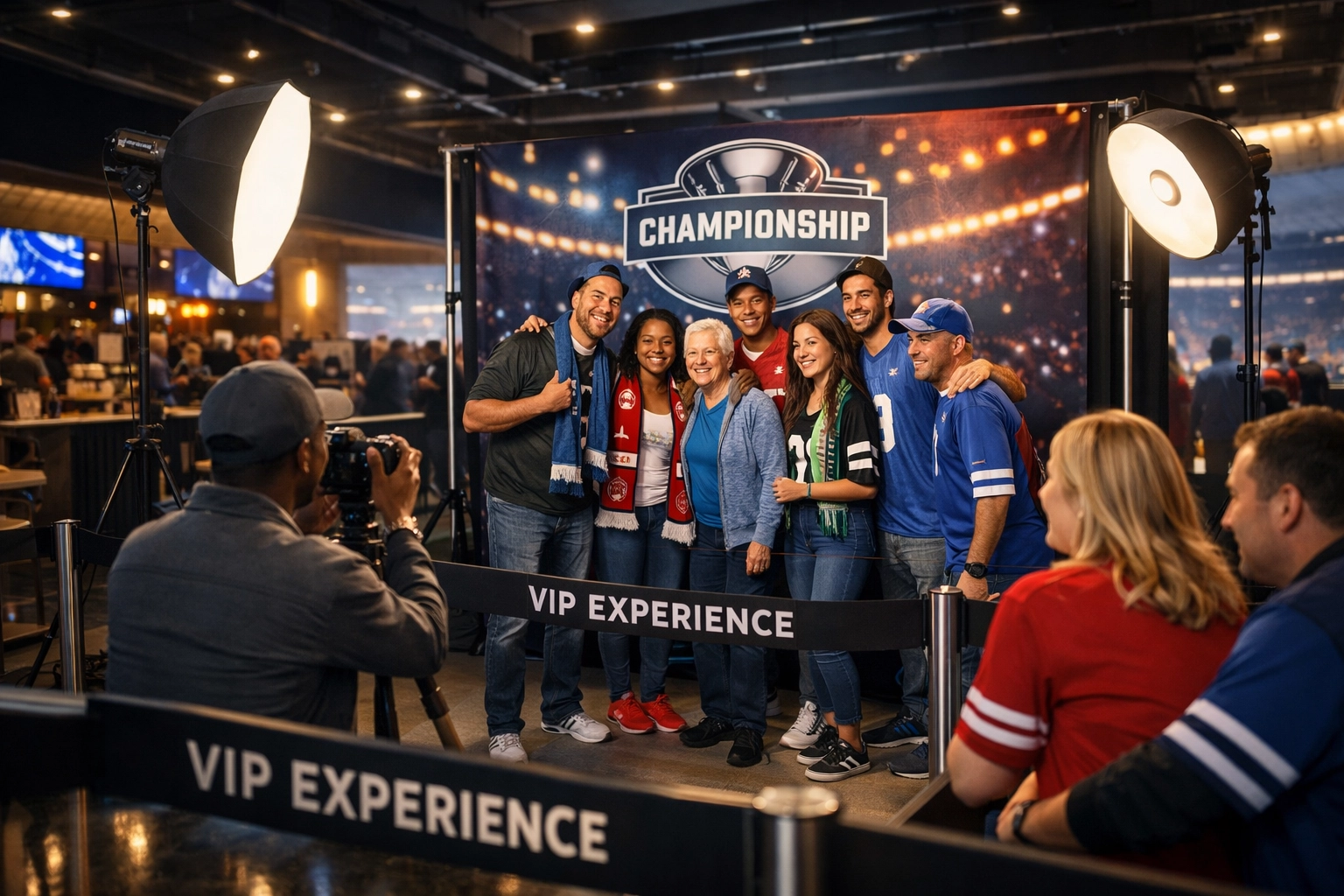 Professional fan engagement zone and event activation by Dakdan Worldwide in a modern stadium VIP area.