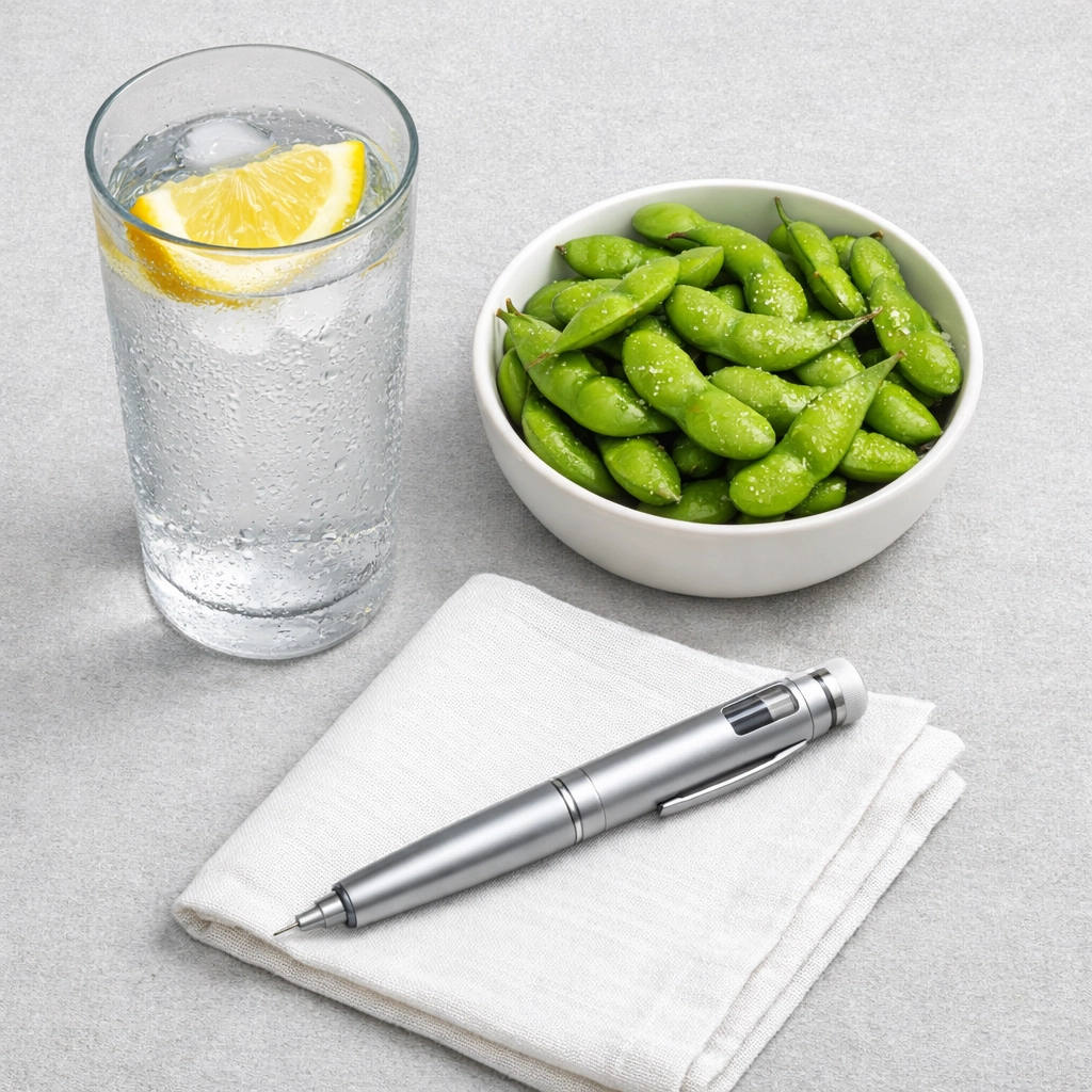 Weight loss medication pen with a glass of water and protein-rich food for healthy living.