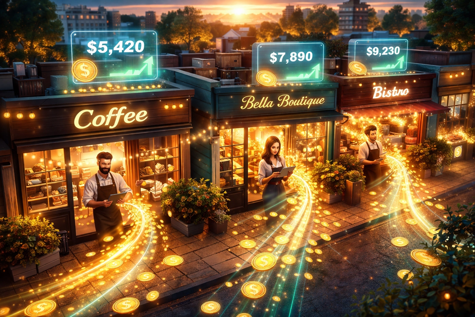 Small business district shows digital crypto payments flowing back to merchants, highlighting fee savings.