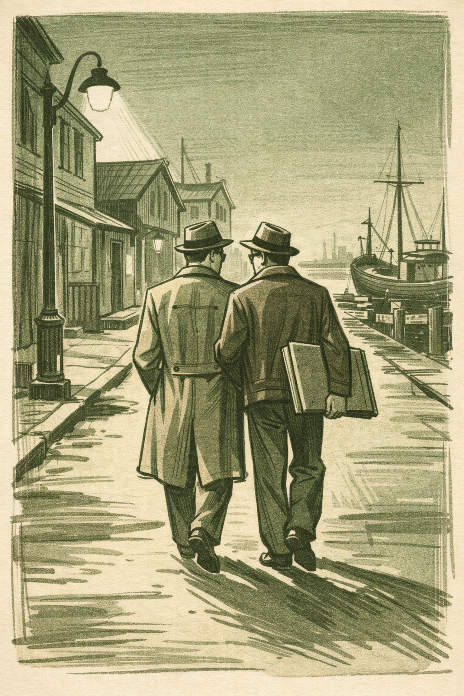 Two gay men walking 1940s waterfront street - hidden queer coastal history