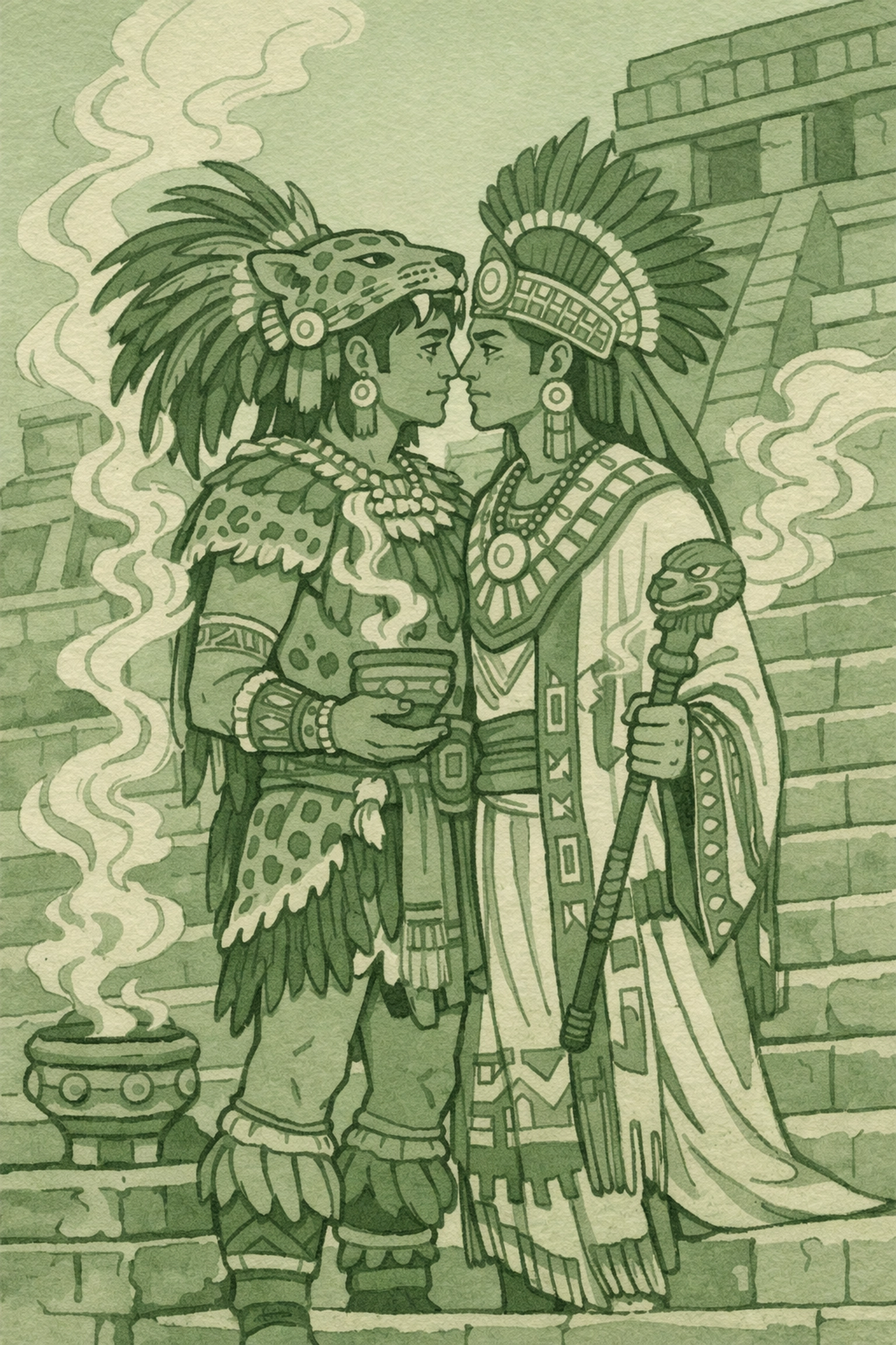 Aztec warrior and priest in ceremonial dress share emotional connection on temple steps