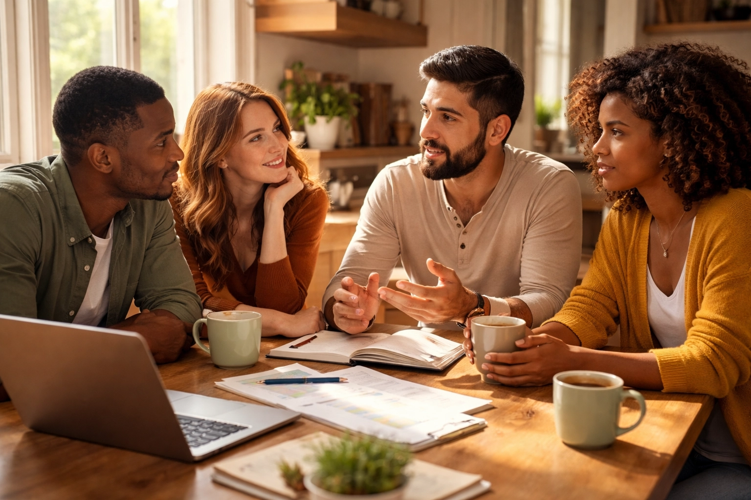 Diverse friends discussing future plans at a kitchen table, emphasizing early financial planning for life insurance.
