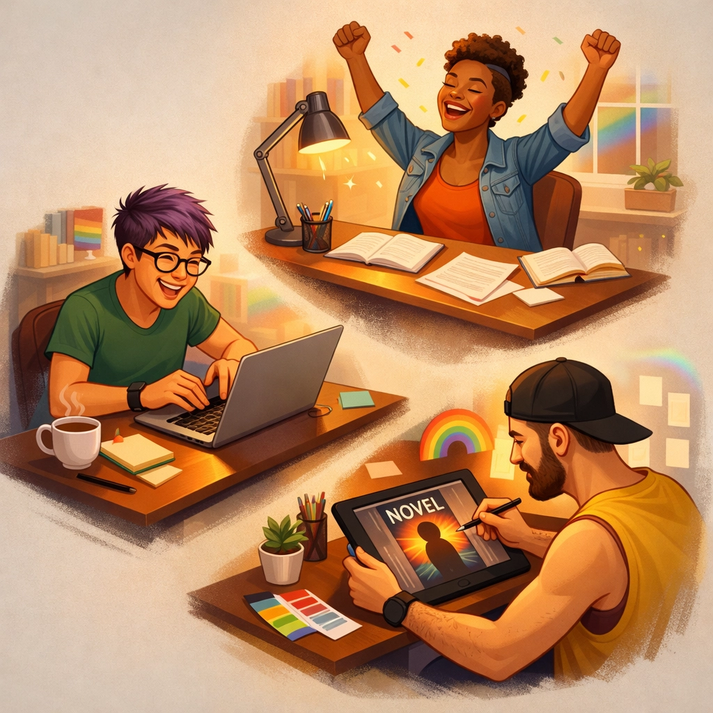 Three LGBTQ+ authors writing MM romance novels at different stages of their book launch journey