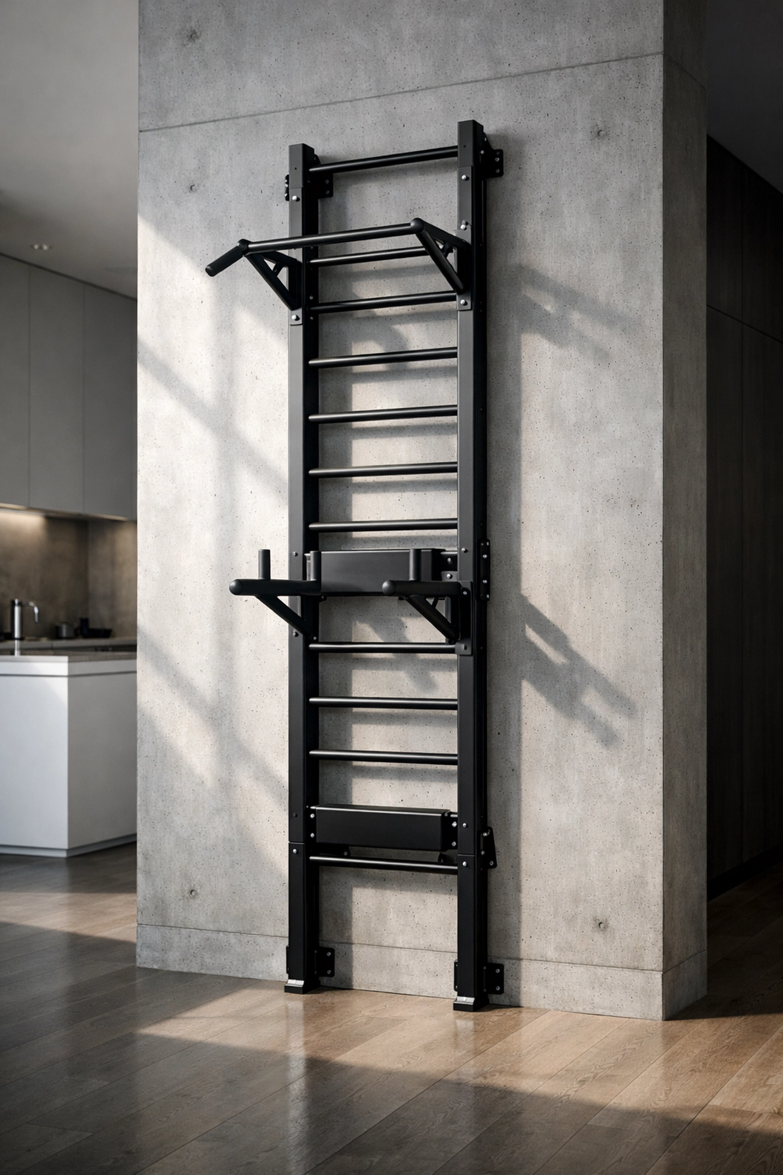 Sleek floor to ceiling gym rail in a minimalist apartment serves as a pull up bar alternative.