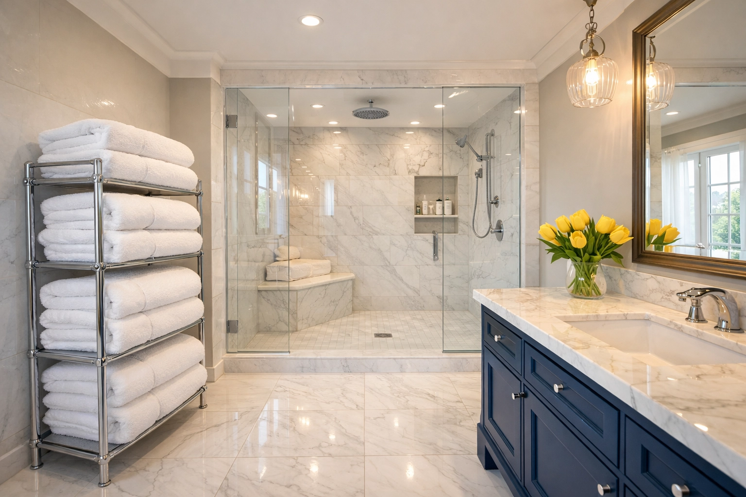 Pristine master bathroom with sparkling marble floors and white tiles, creating a relaxing home sanctuary.