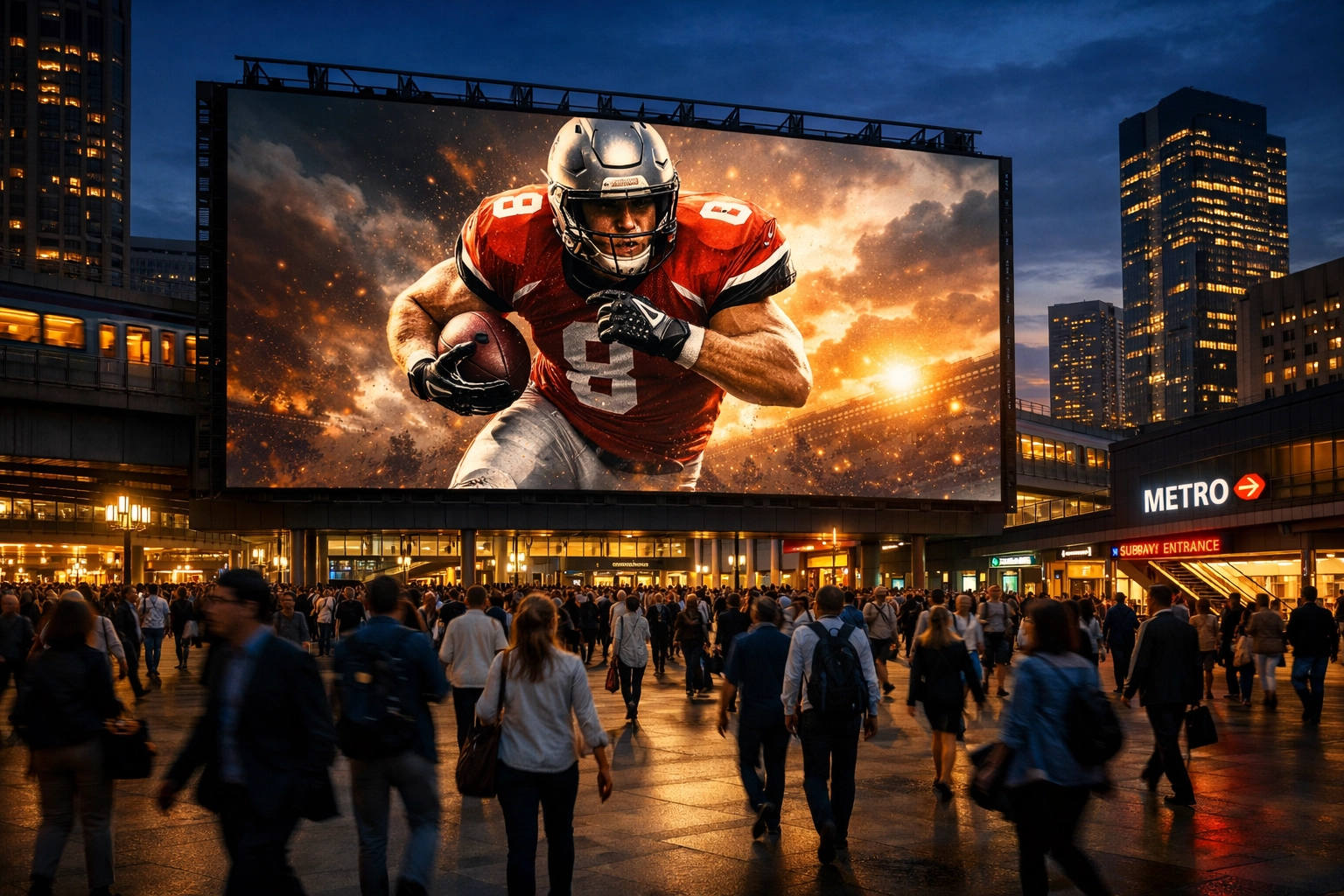 Large urban digital billboard displaying an athlete to engage fans in a busy city transit hub.