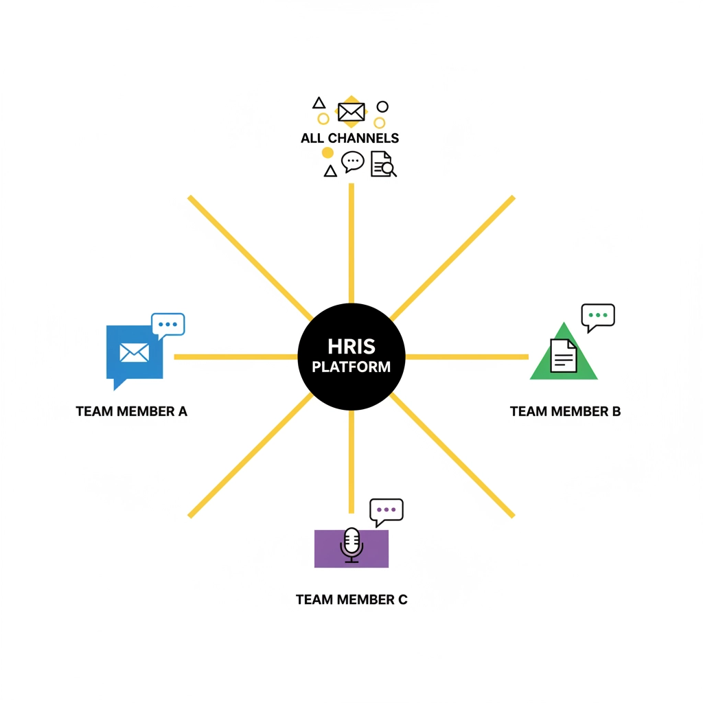 HRIS platform diagram with yellow lines connecting to Team Members A, B, C, and All Channels. Symbols represent communication tools.