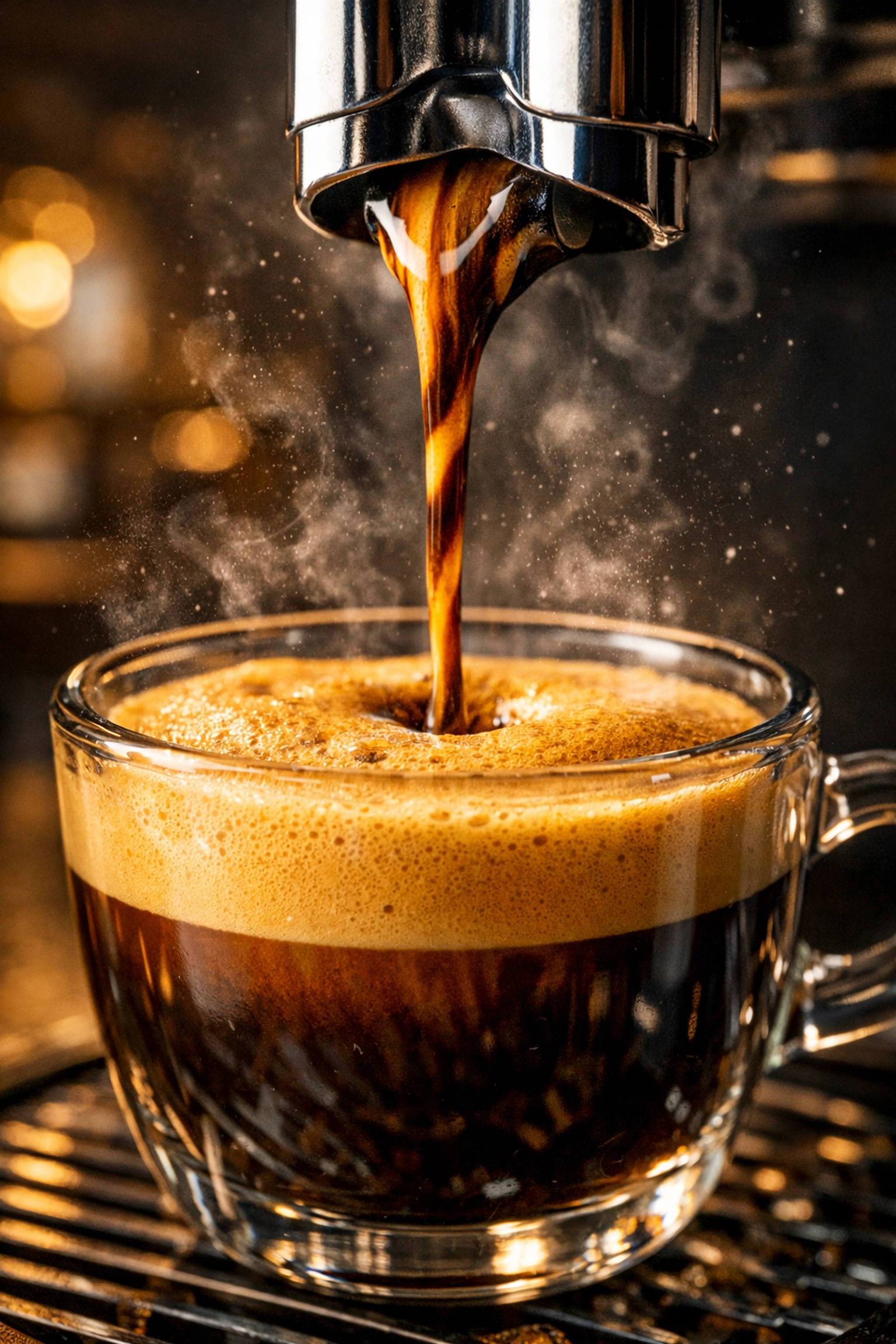 A perfect espresso extraction showing a thick golden crema layer from a specialty coffee pod.