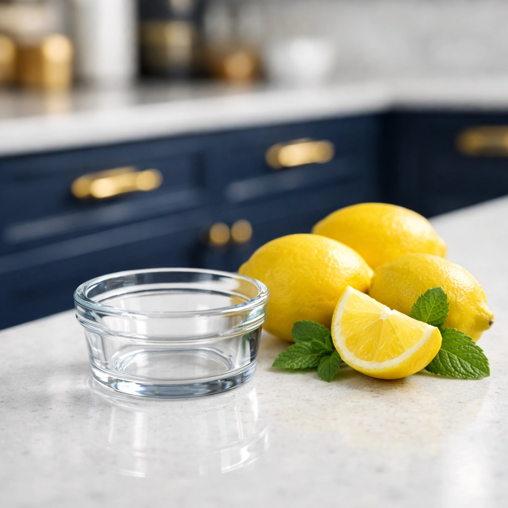 DIY vinegar fruit fly trap ingredients on a clean quartz kitchen island with fresh lemons.