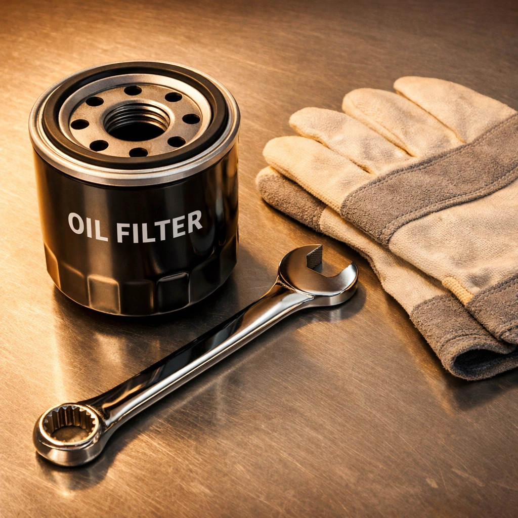 A new car oil filter and mechanic tools on a workbench for a Brooklyn auto service visit.