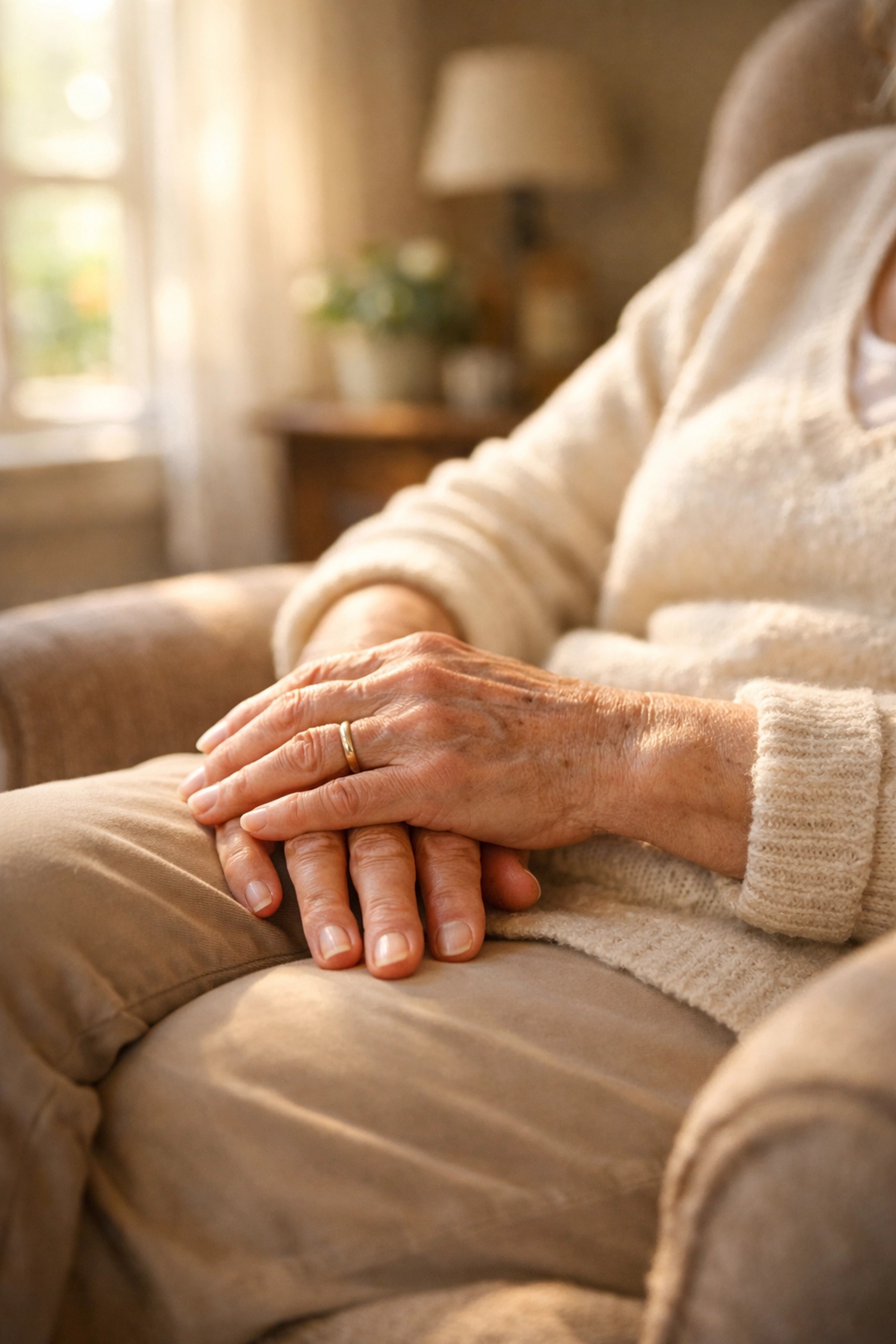 Senior woman sitting calmly in chair assessing for injuries after a fall