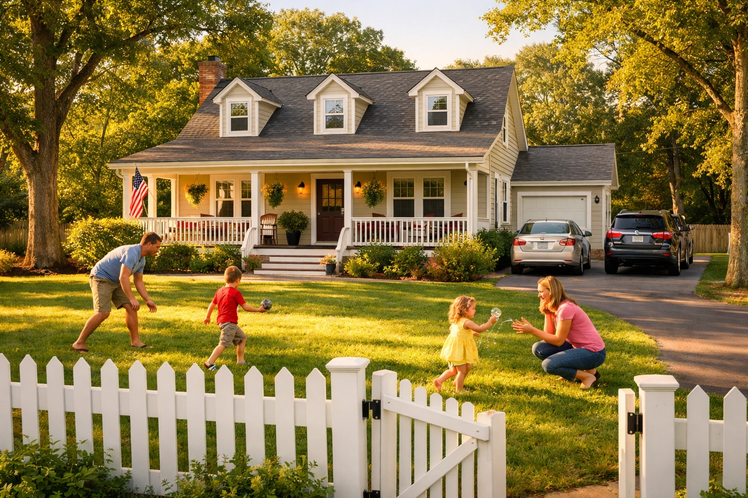 Family enjoying spacious yard at Burlington County single-family home with front porch