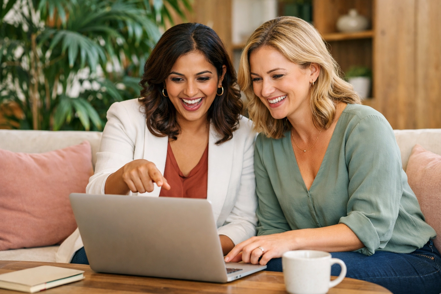 Small business owners collaborating on a social media marketing strategy to generate new customer leads.