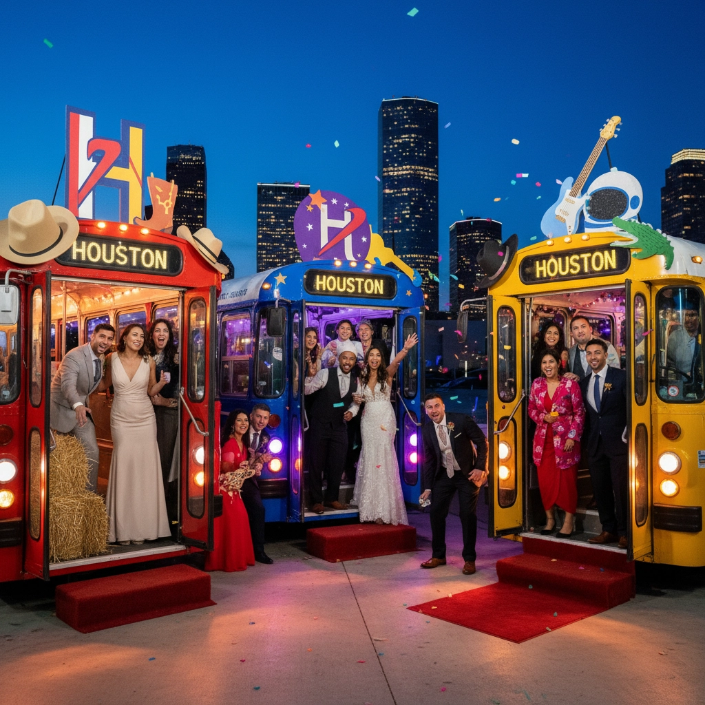 People in formal attire celebrate on vibrant Houston-themed trolleys, set against a city skyline at dusk with confetti falling. Mood is joyful.