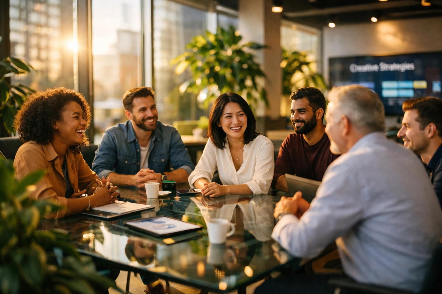Digital marketing experts meeting with a business owner in a modern office to build trust and authority.