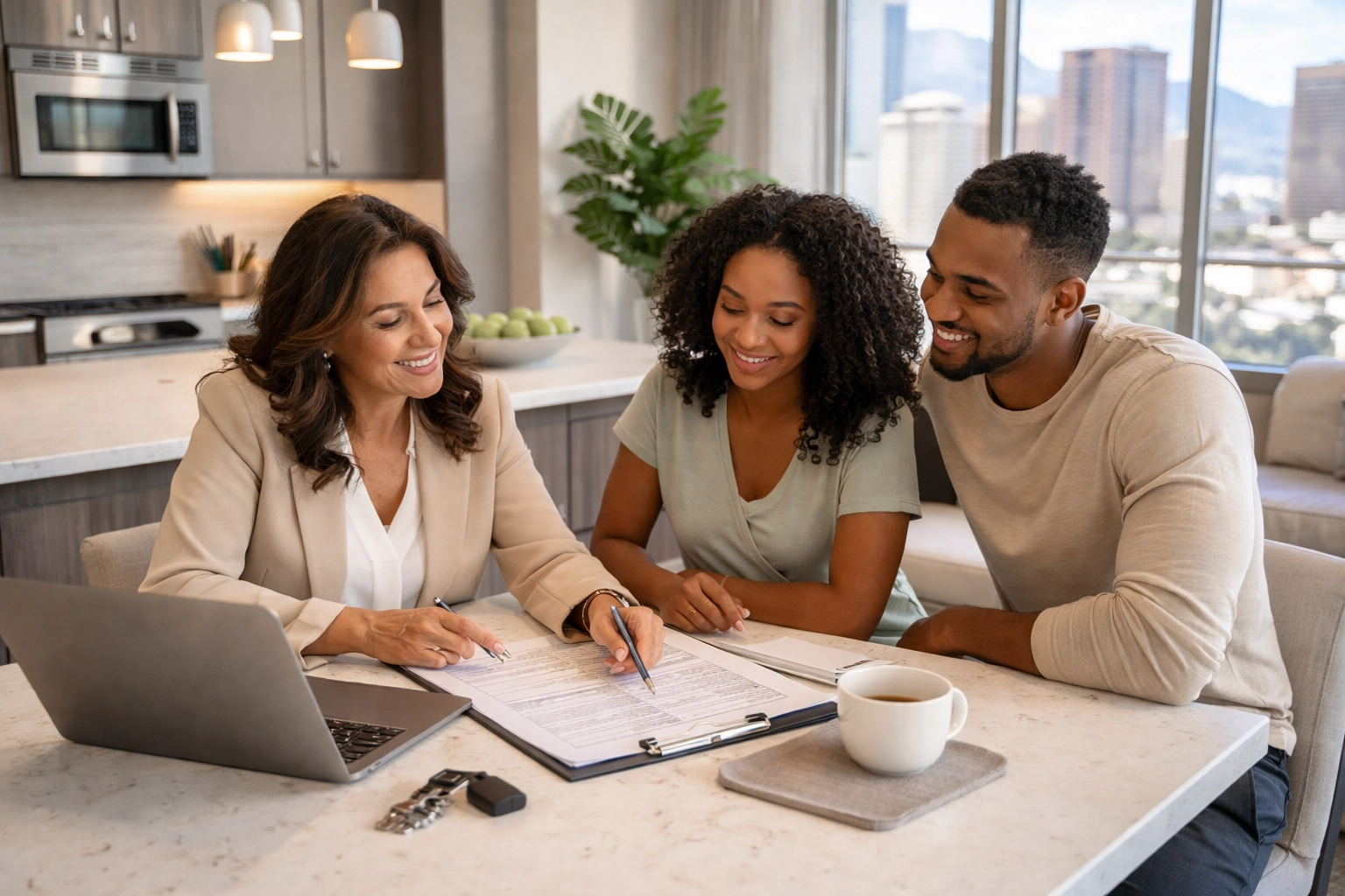 Diverse real estate agent consulting a couple in a bright Las Vegas condo, discussing condo selling strategies.