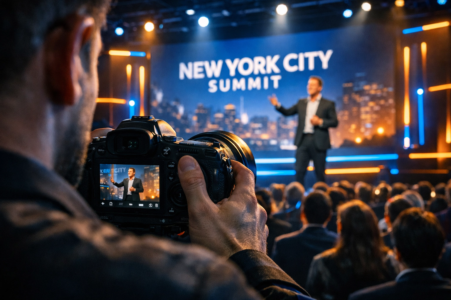 Professional NYC event photographer capturing a high-energy keynote presentation at a business summit.