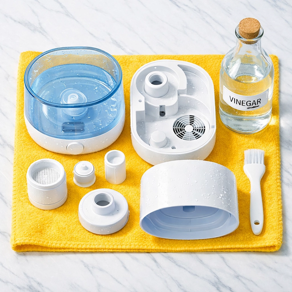 Disassembled humidifier parts next to vinegar and a brush for an eco-friendly deep cleaning routine.