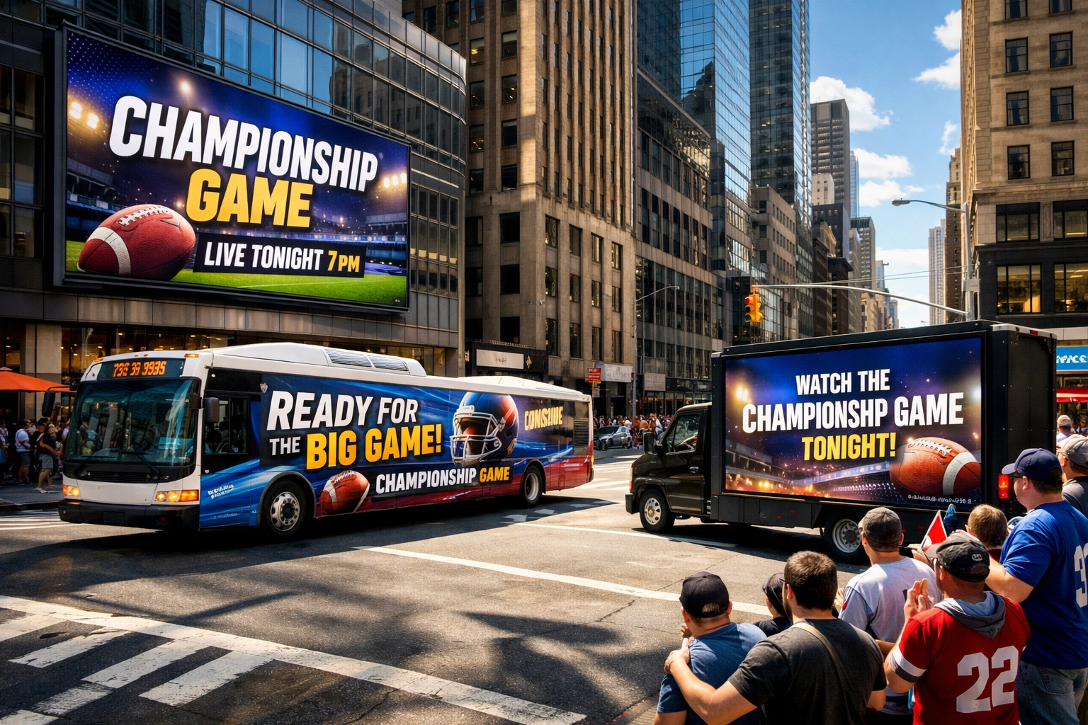 Diverse OOH advertising formats including digital screens and mobile billboards in a busy city.