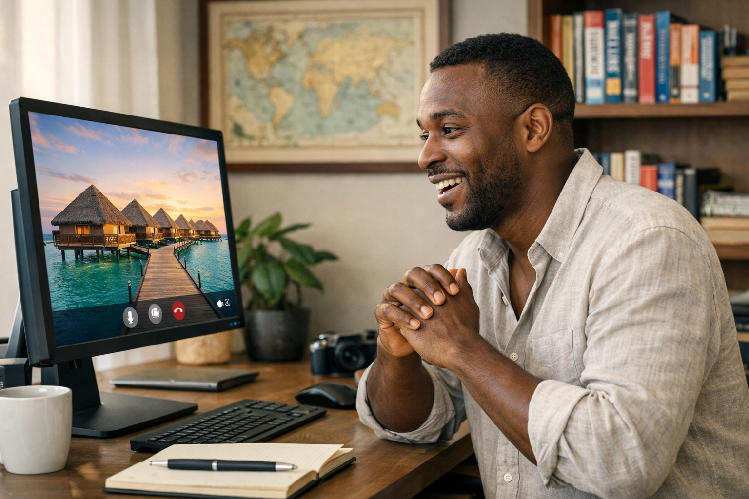 A traveler viewing luxury resort options on a screen during a stress-free travel consultation call.