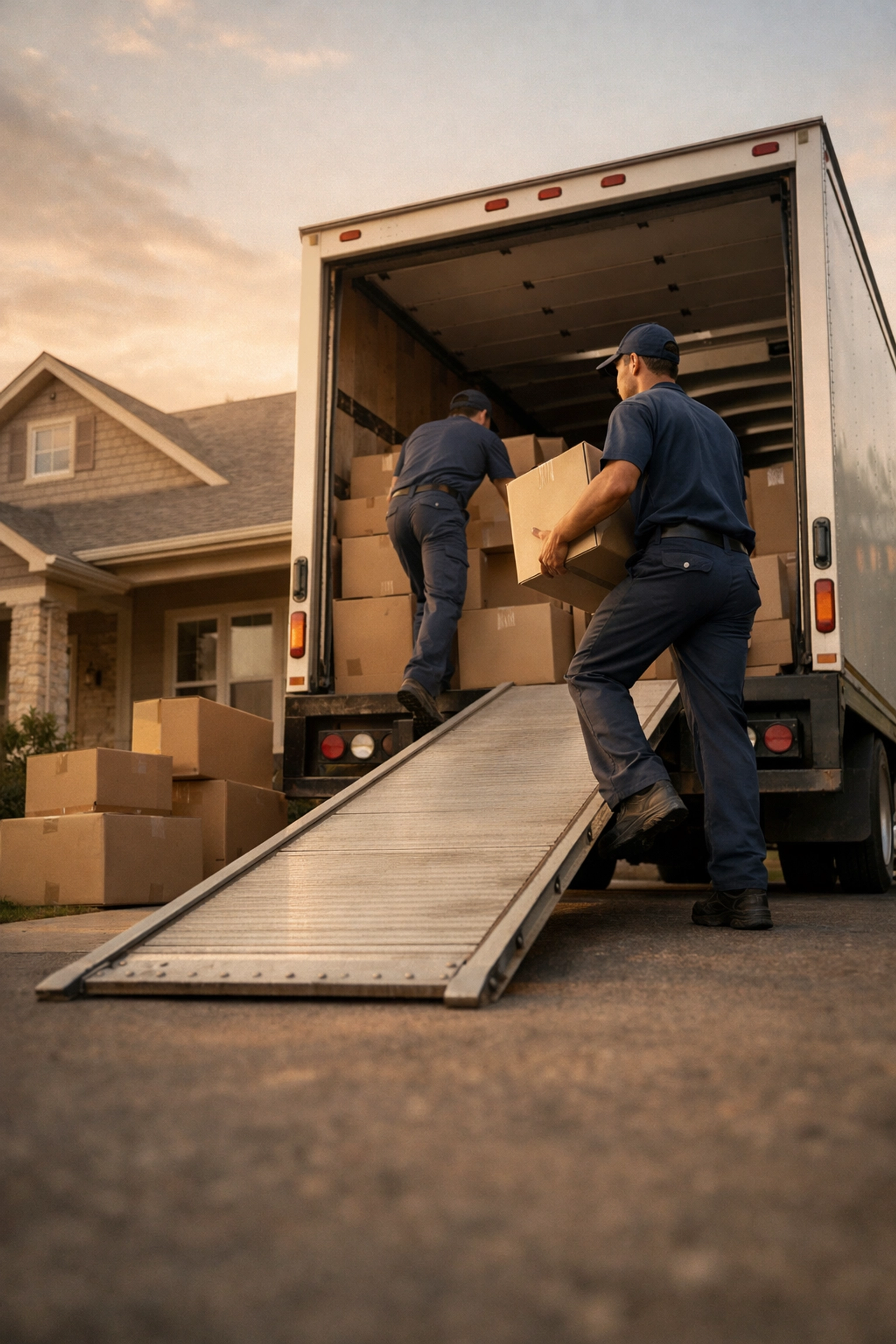 Professional movers loading boxes onto moving truck in front of suburban home