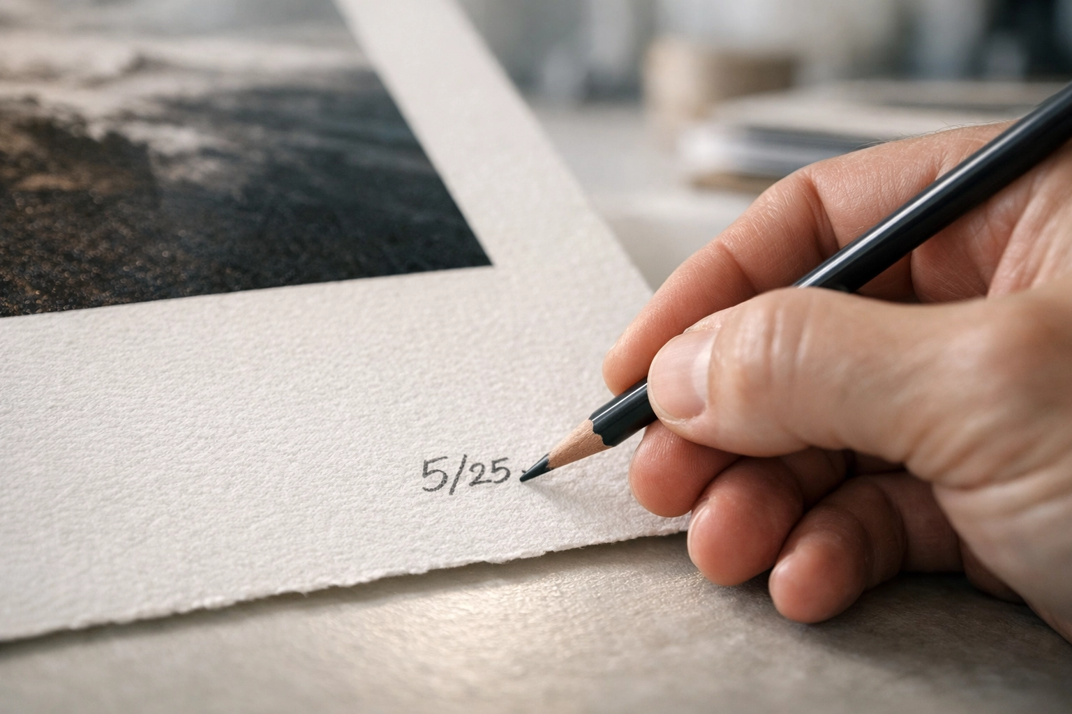 Photographer signing a numbered limited edition photography print on high-quality archival paper.