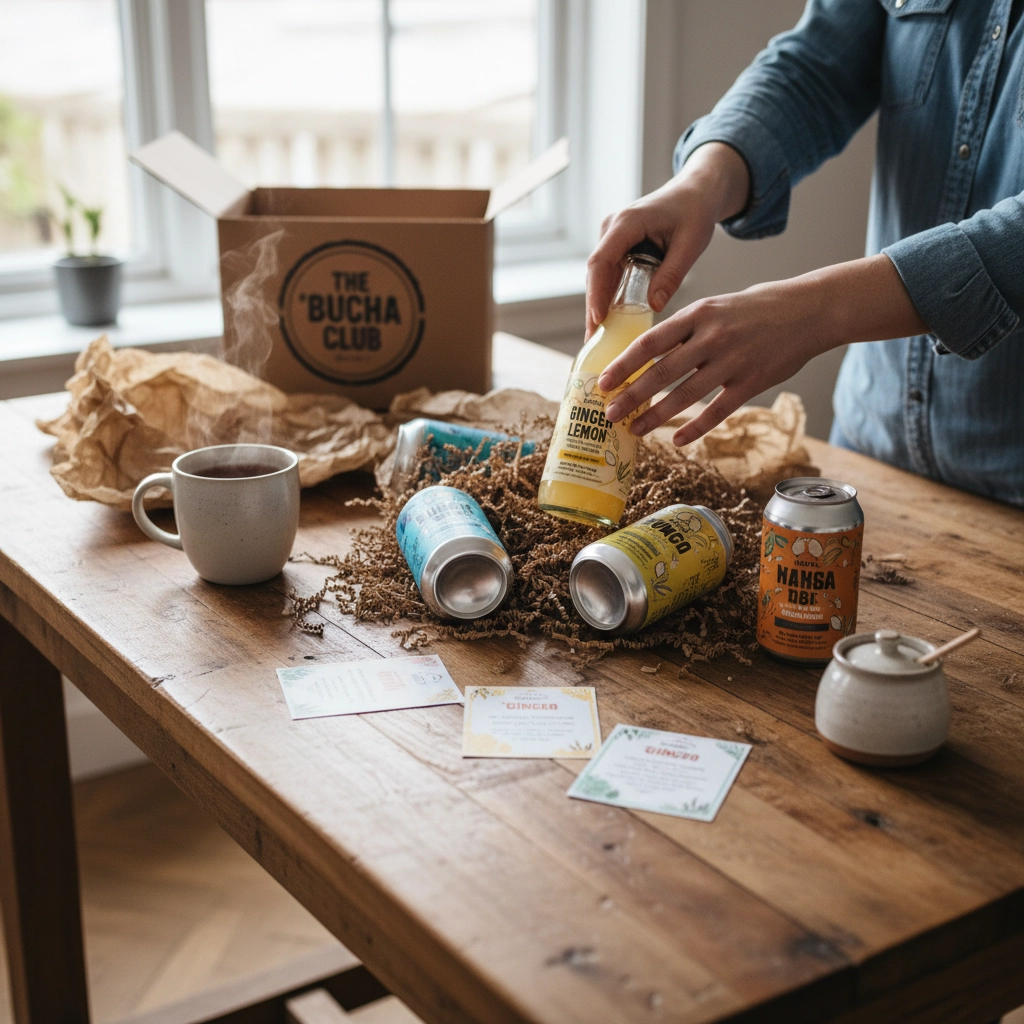 Someone opening a box full of kombucha on a wooden table on a home kitchen