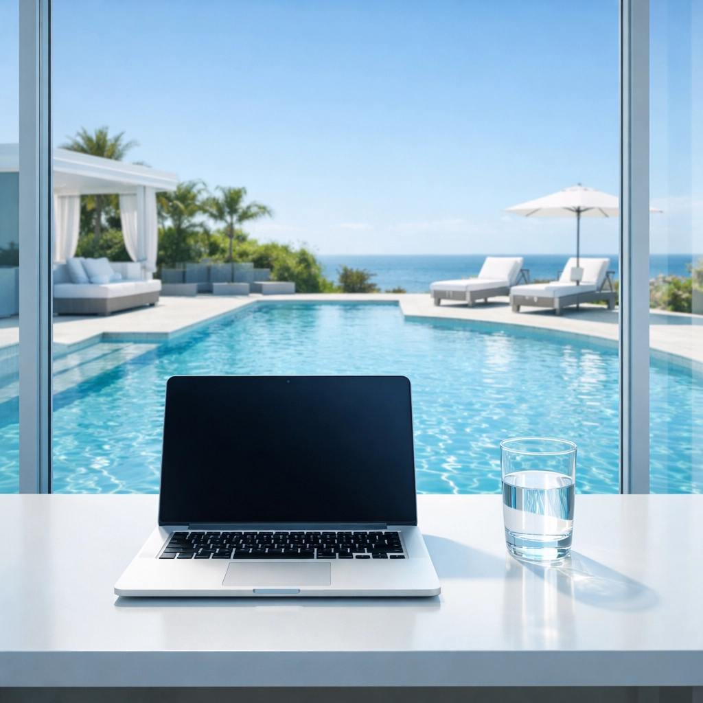 Modern office with a view of a clear pool, highlighting the speed of pool route financing for new buyers.