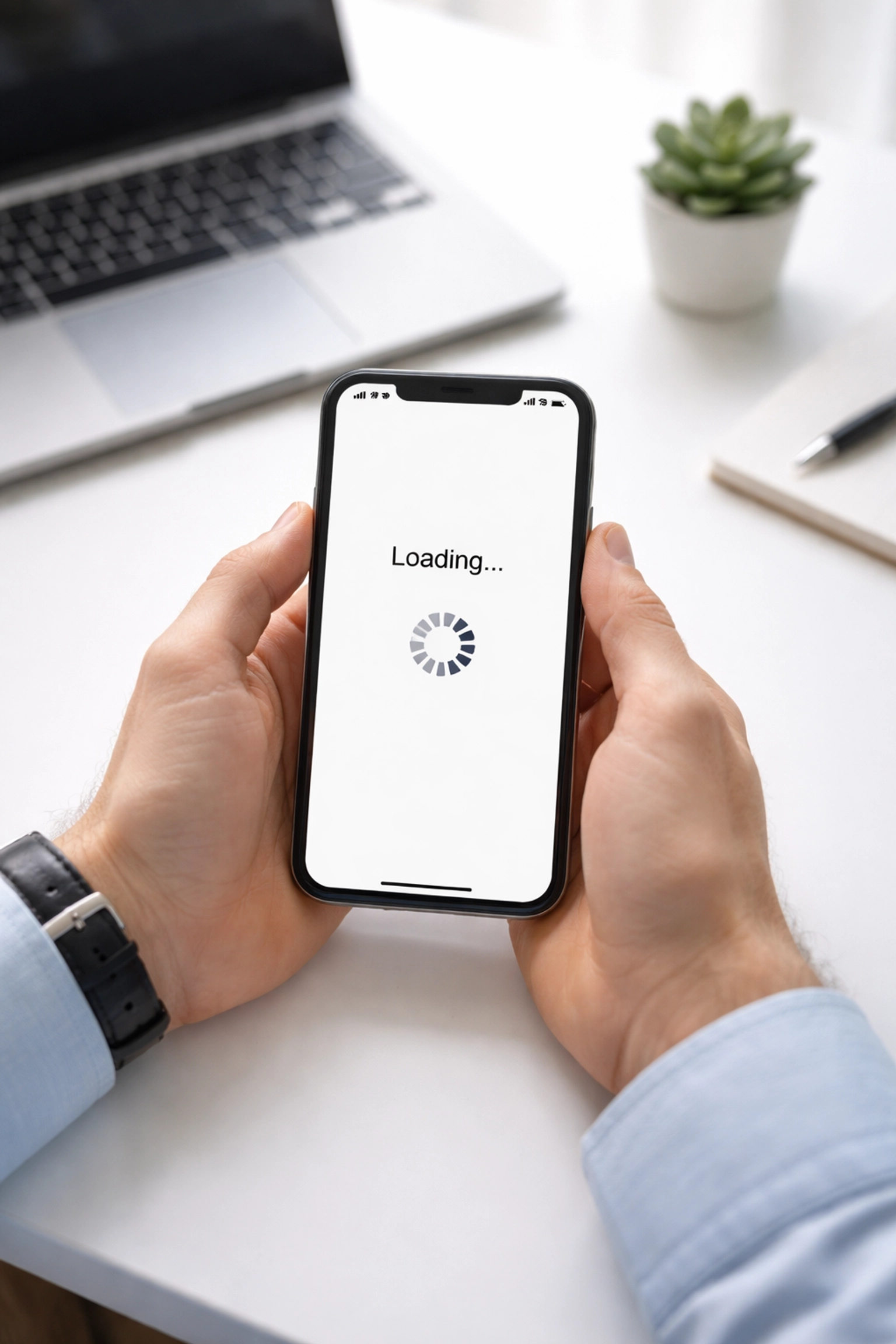 Person frustrated with slow website loading speed on mobile device, highlighting poor site navigation issues
