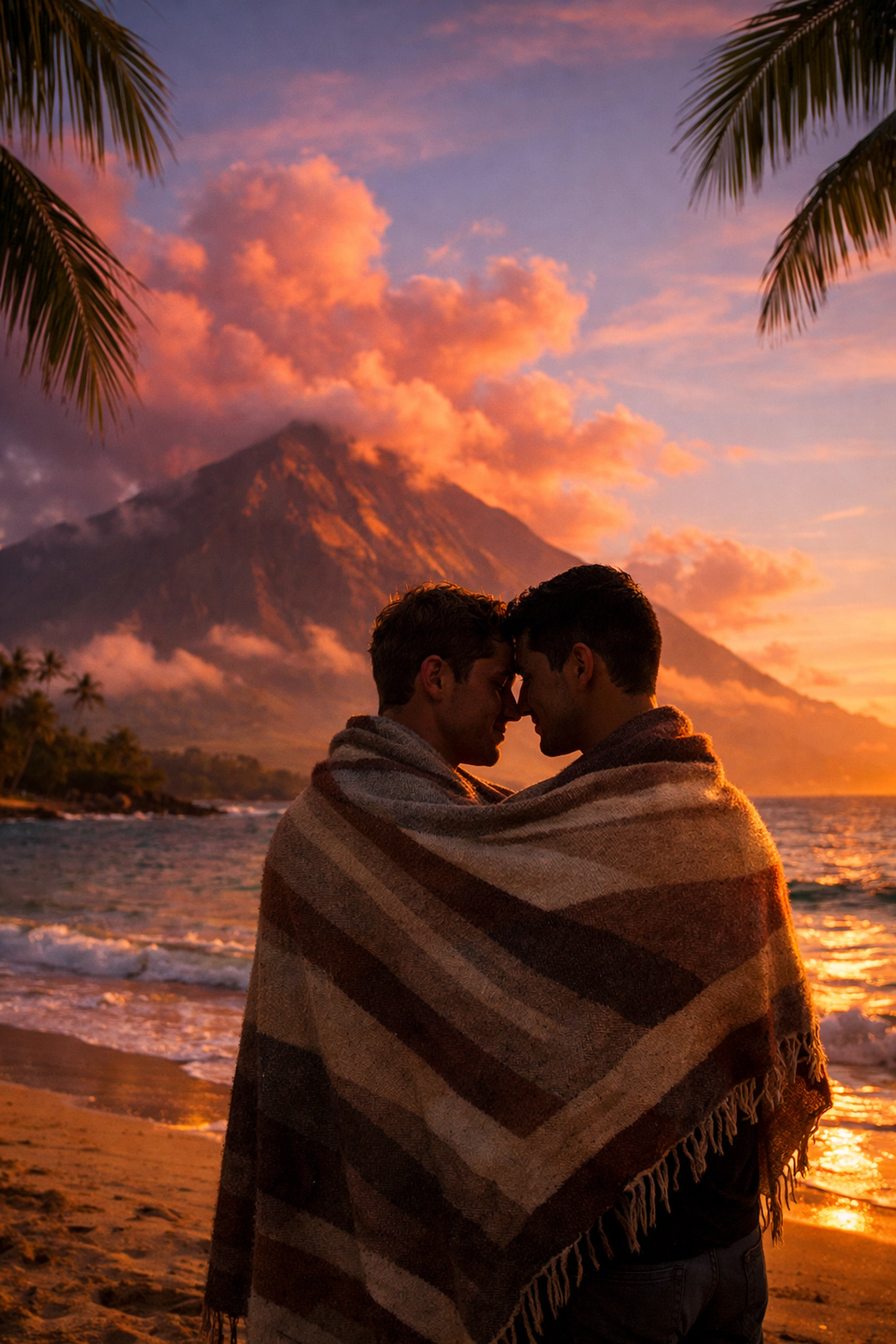Gay couple sharing romantic sunset moment on Maui beach with volcano backdrop