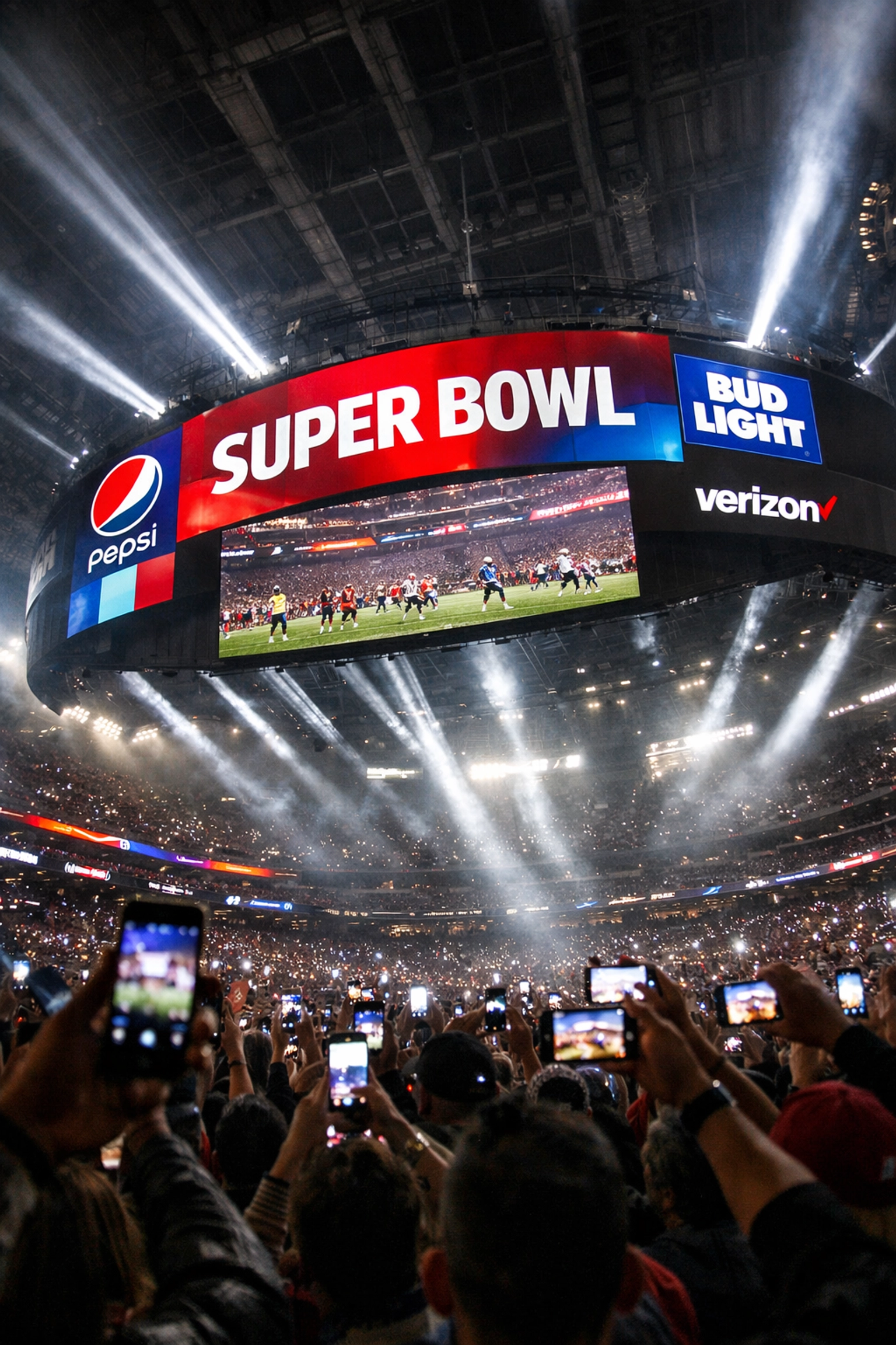 Super Bowl stadium packed with fans holding phones showing multi-platform advertising reach