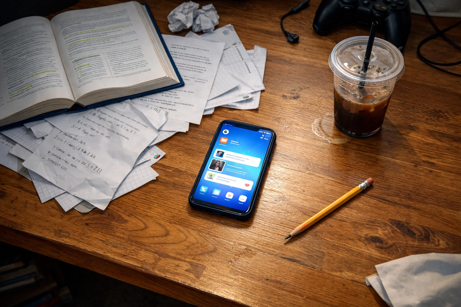 Teenager's desk with neglected homework and smartphone showing distraction and avoidance