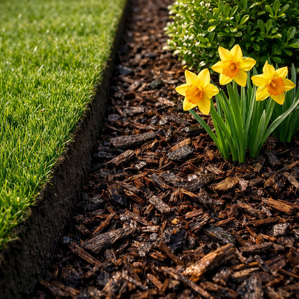 Professional mulch installation and landscape edging for a clean garden bed in a Michigan yard.