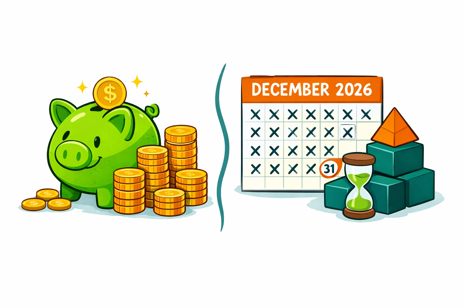 Piggy bank and calendar showing savings of £5 per month through 2026