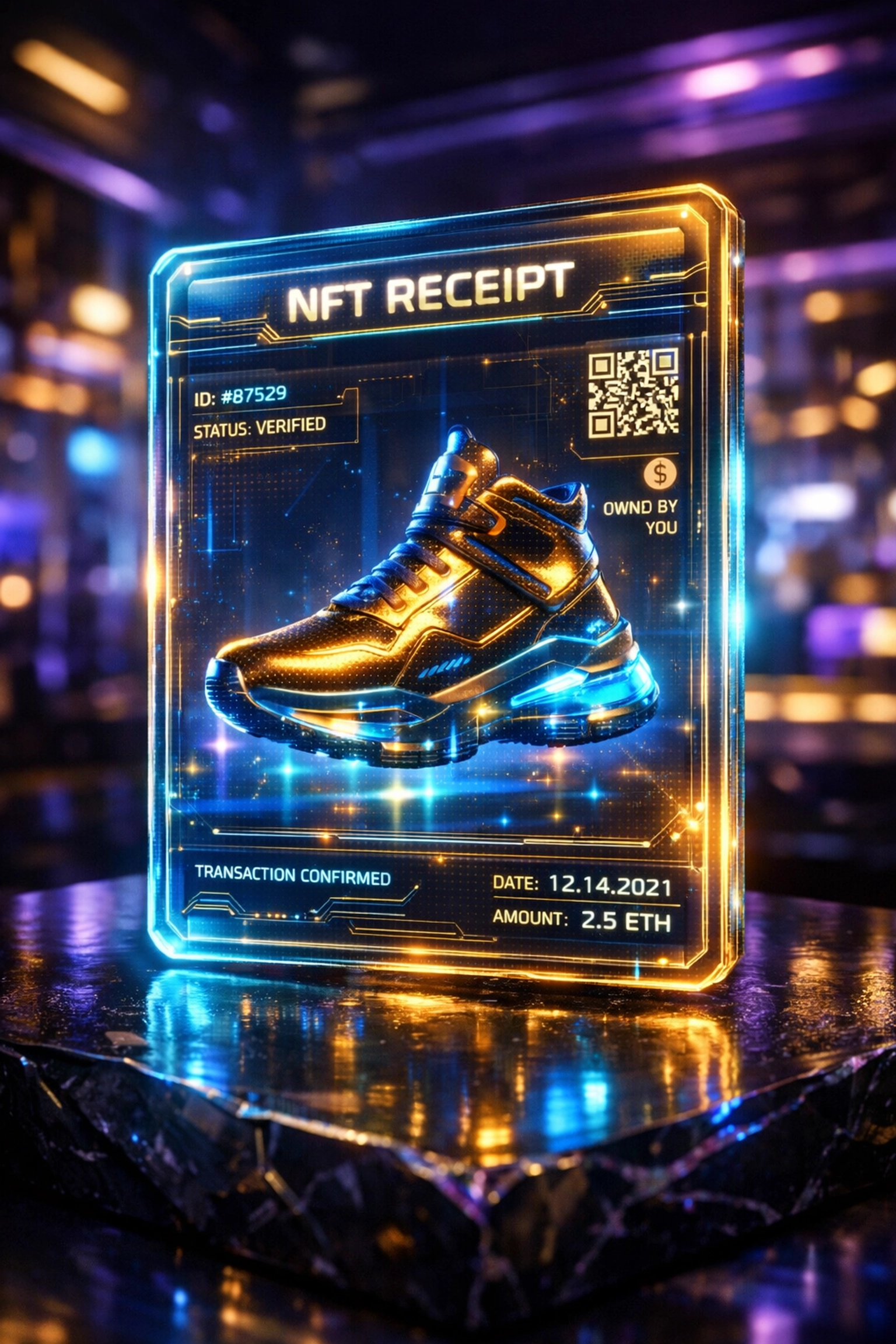 A glowing holographic NFT receipt showing a digital product for secure Web3 merchant transactions.